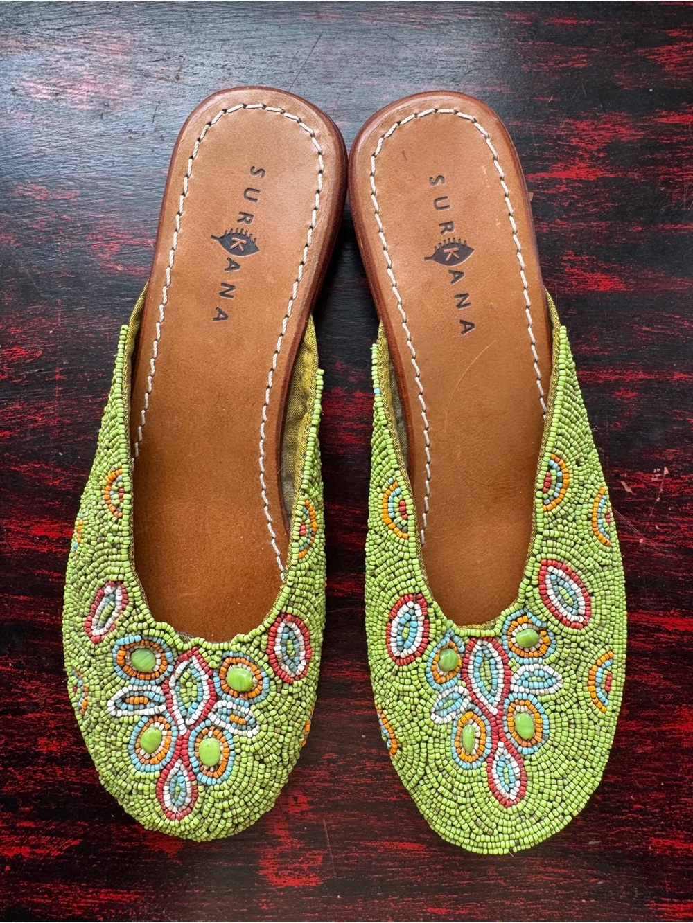 Surkana Beaded Slide Mules Size 8 or 39 Boho Artisan Statement Flats Green Flats